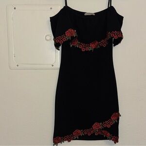 Papaya Black Mini Dress with Red Floral Design